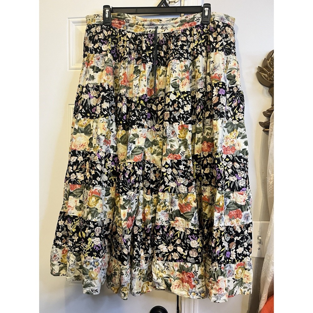 Vintage 90s Patchwork Boho Floral Tiered Maxi Skirt 100% Cotton India Lemieux OS